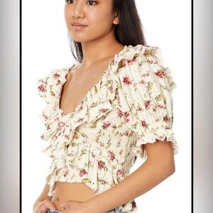 FREE PEOPLE NWT XS Favorite Girl Cream Crop Tea Party Top Smocked Floral Ruffle